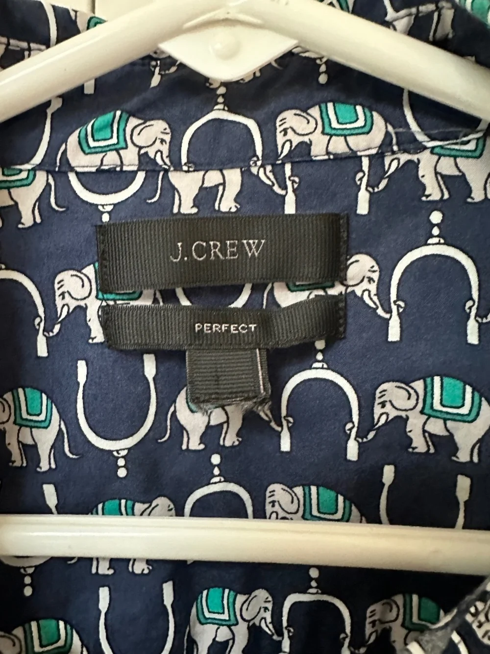 J. Crew Perfect Button Down Cotton Blouse Blue Teal White Elephants Print Small